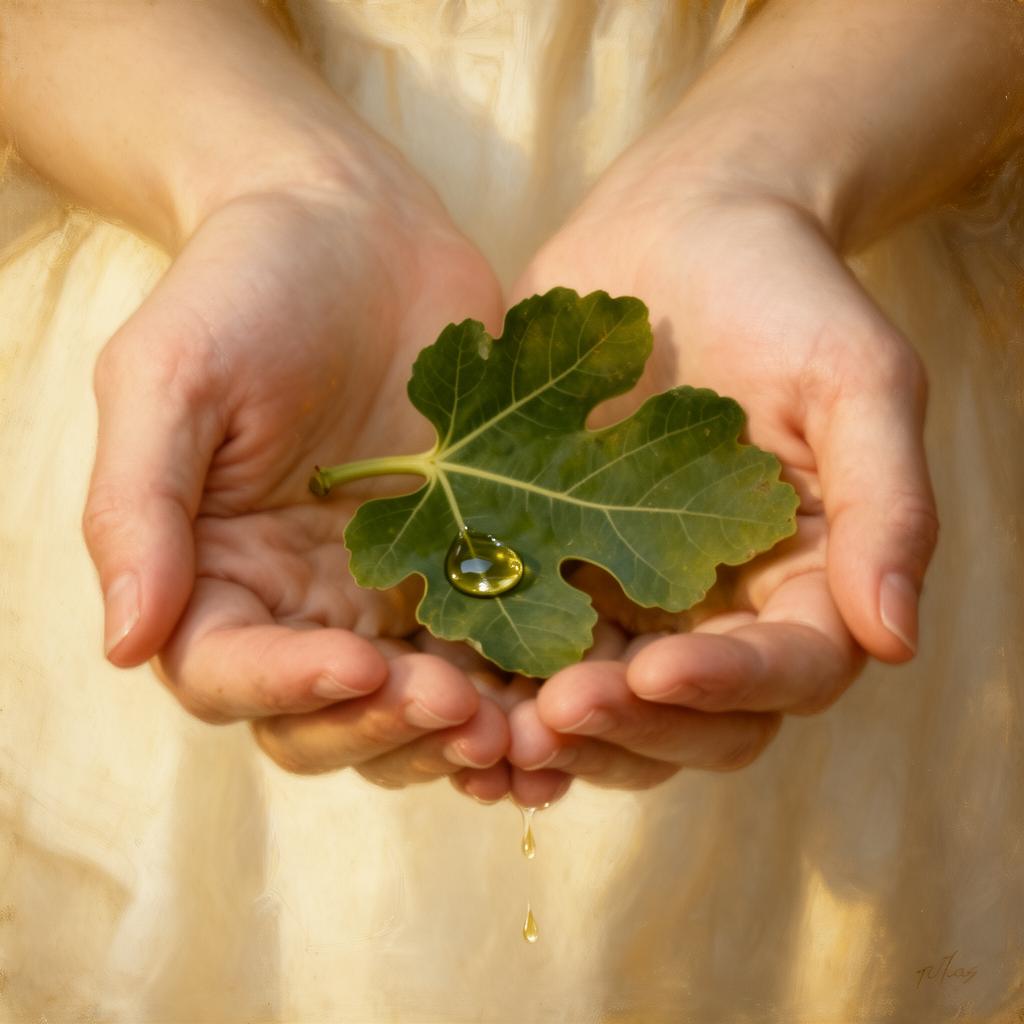 Cupped hands holding a fig leaf with a single drop of botanical oil